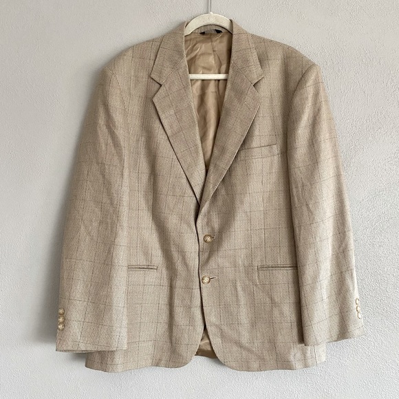 VTG Wall Street Men’s Blazer Size 44 Tan Plaid Business Neutral Formal - Picture 1 of 10